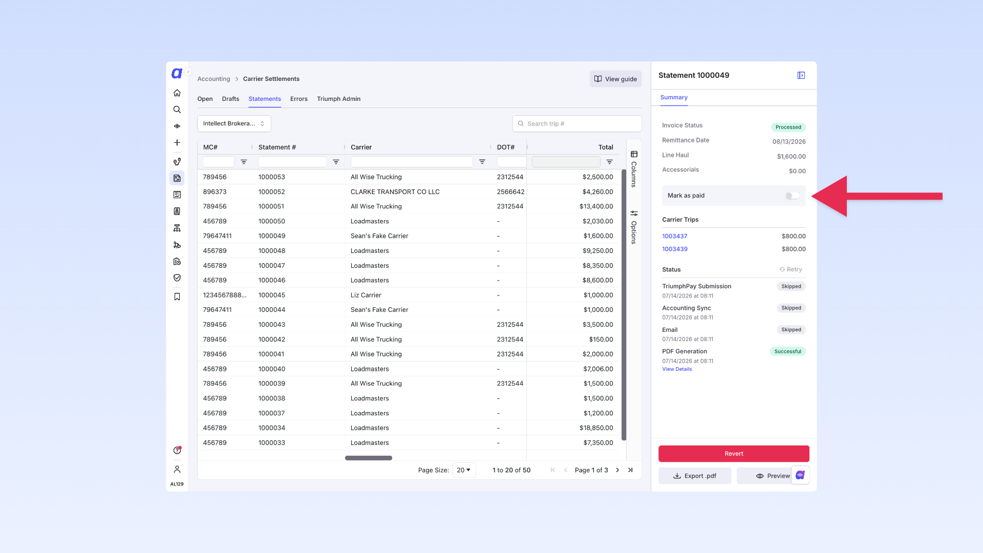 Statements tab with the Mark as Paid action open in the sidebar