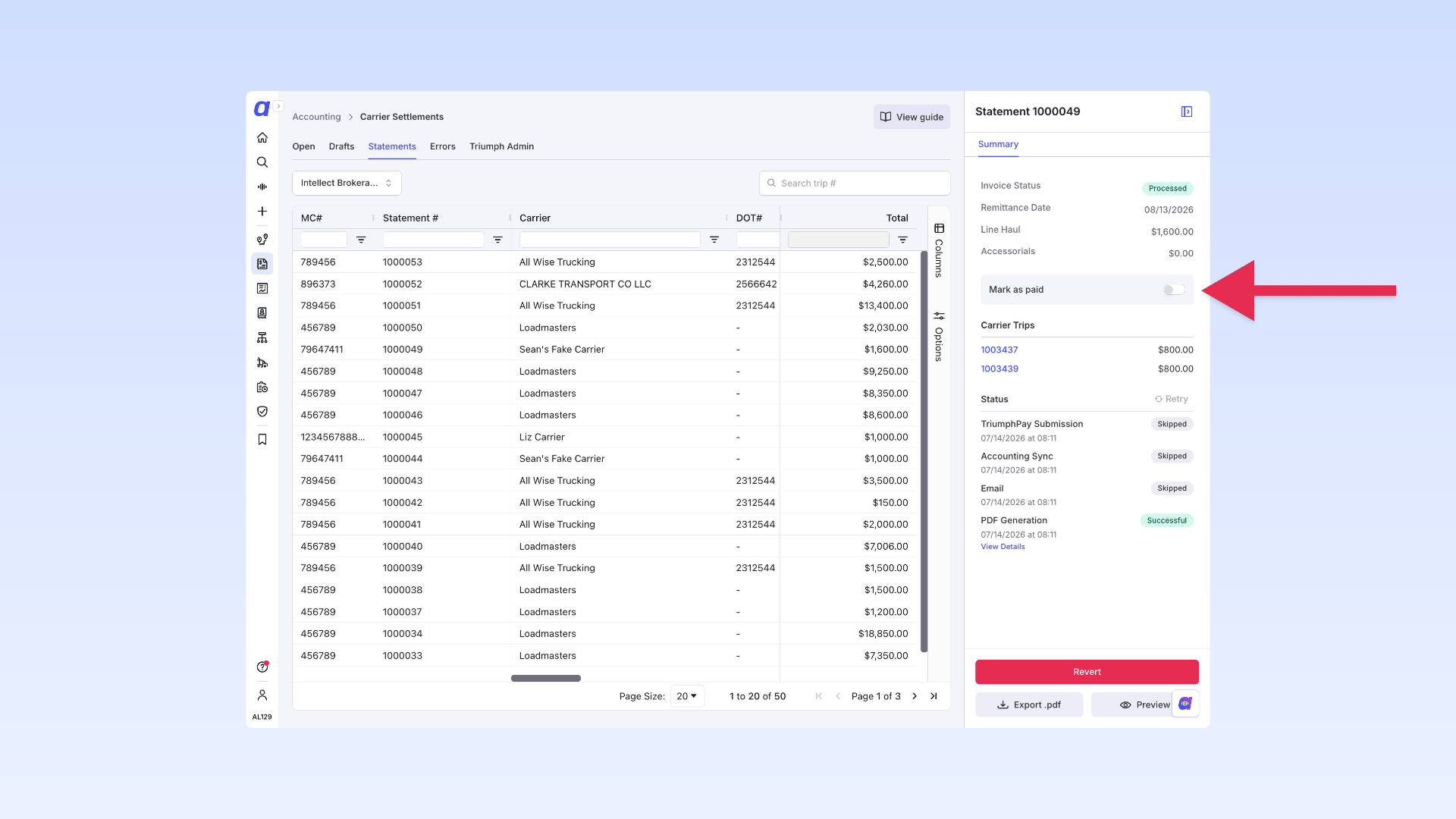 Statements tab with the Mark as Paid action open in the sidebar