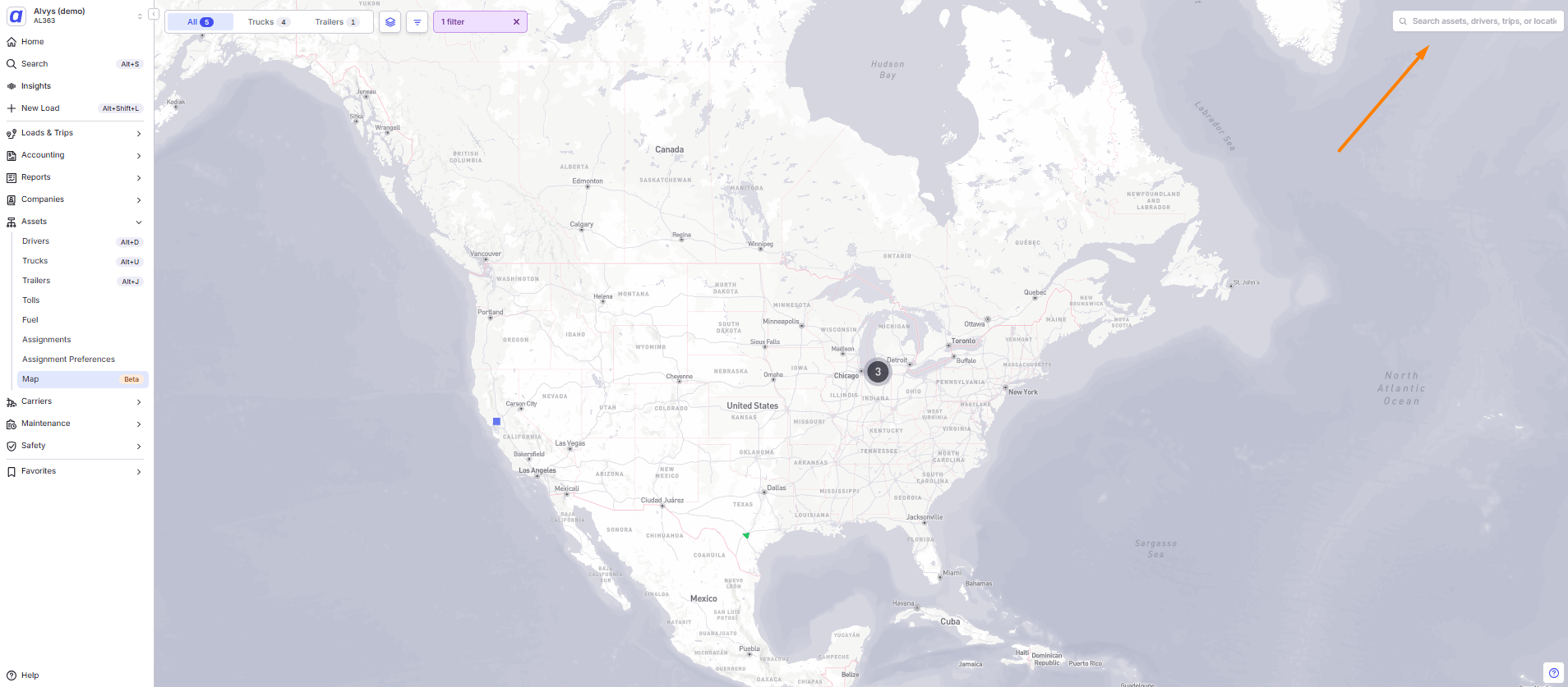 Alvys Asset Map showing a tracked truck located by asset name