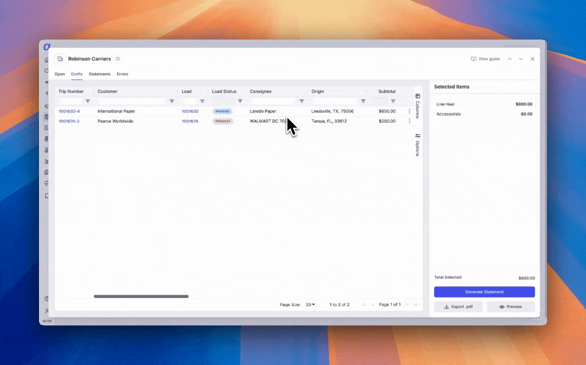 Drafts tab showing approved trips ready for statement generation