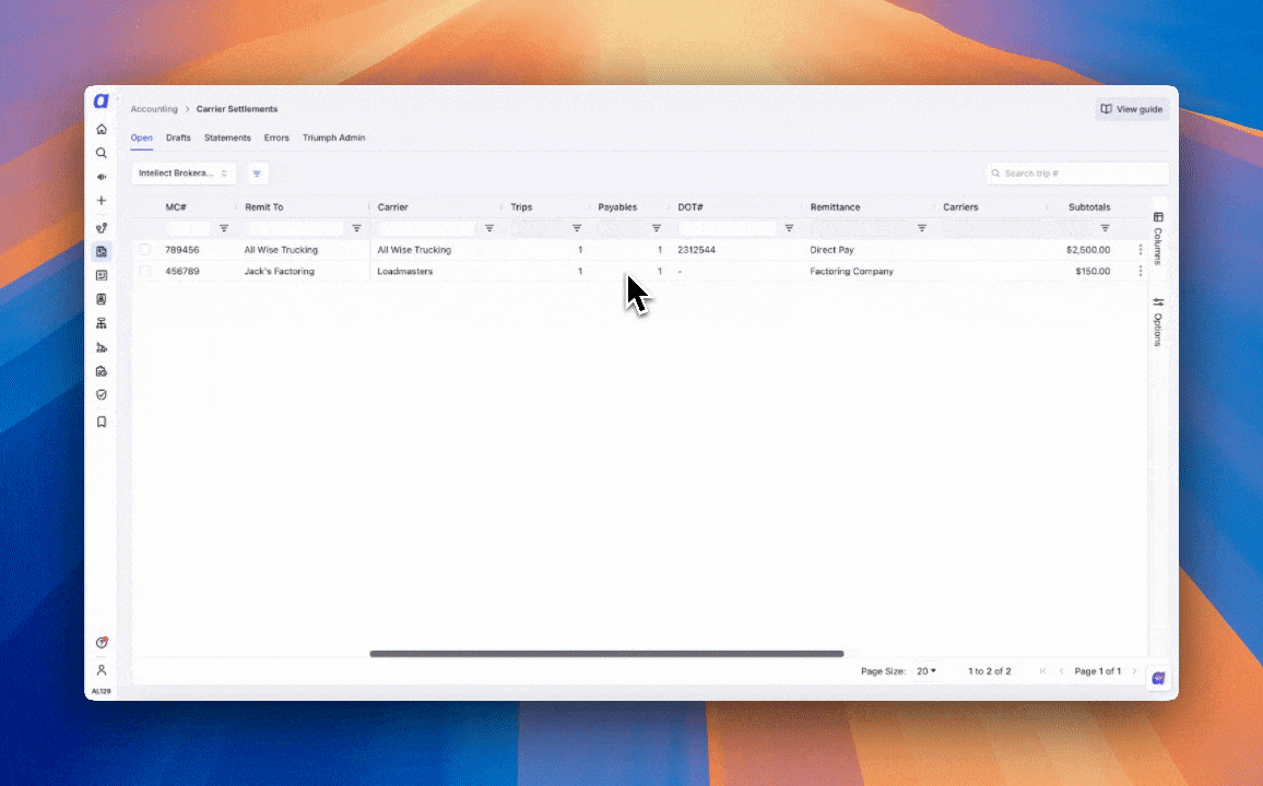 Carrier view showing open trips, document management, linehaul edit, and dispute actions