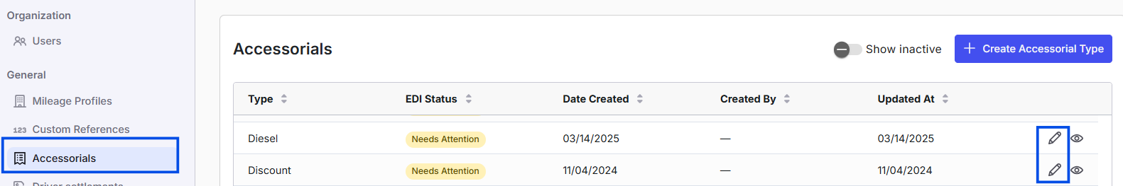 Edit icon next to an existing accessorial type on the Settings Accessorials page