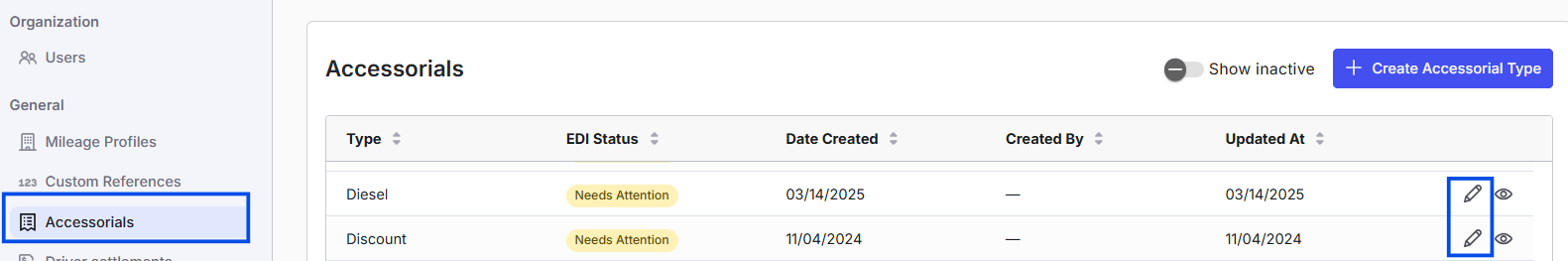 Edit icon next to an existing accessorial type on the Settings Accessorials page