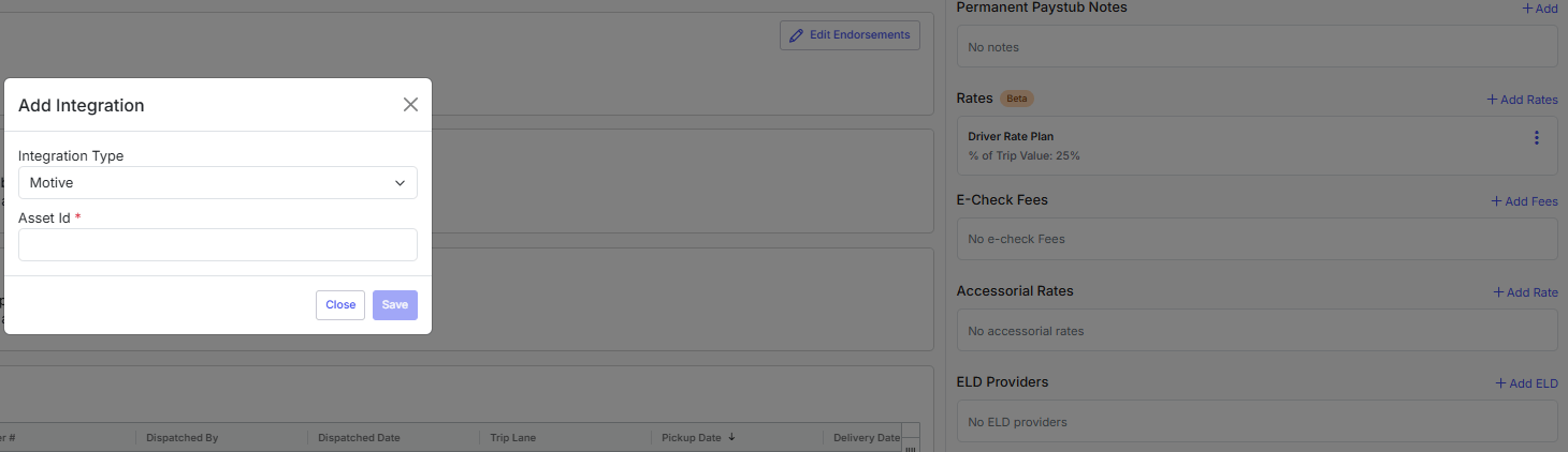 Driver profile ELD Providers section with a Motive asset ID entered