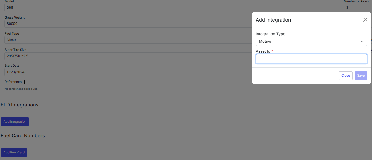 Edit Asset page ELD Integrations section with a Motive asset ID entered