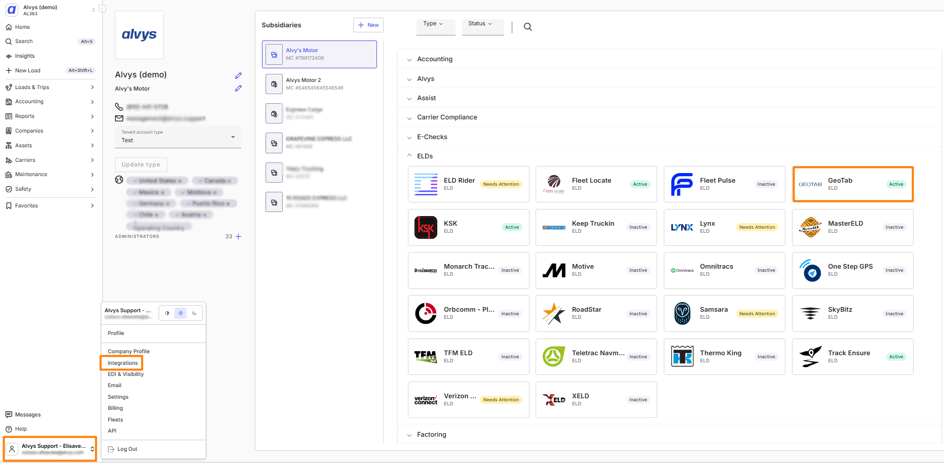 Geotab integration card in Alvys with username and password fields