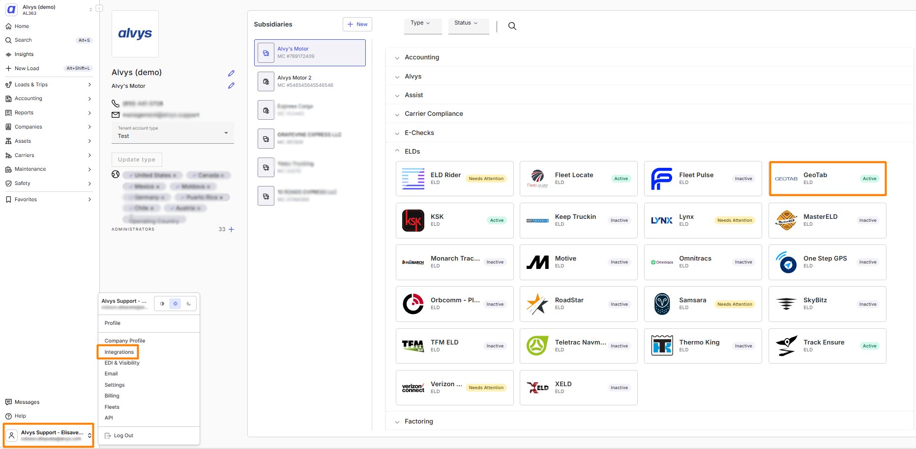 Geotab integration card in Alvys with username and password fields