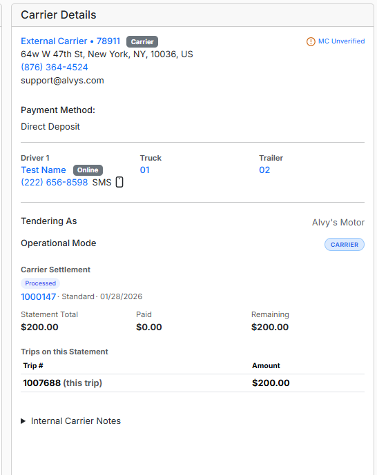Carrier Settlement panel on the Load Detail Page showing statement status and payments