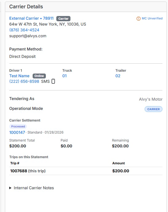 Carrier Settlement panel on the Load Detail Page showing statement status and payments