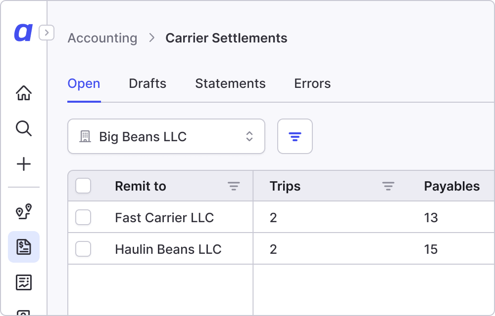 Carrier Settlements module with the Open, Drafts, Statements, and Errors tabs