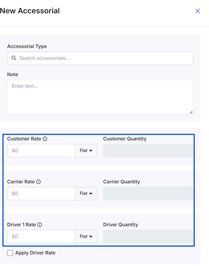 New Accessorial form with Customer, Carrier, and Driver party options and amount fields
