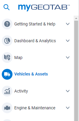 Geotab sidebar menu with Vehicles & Assets selected