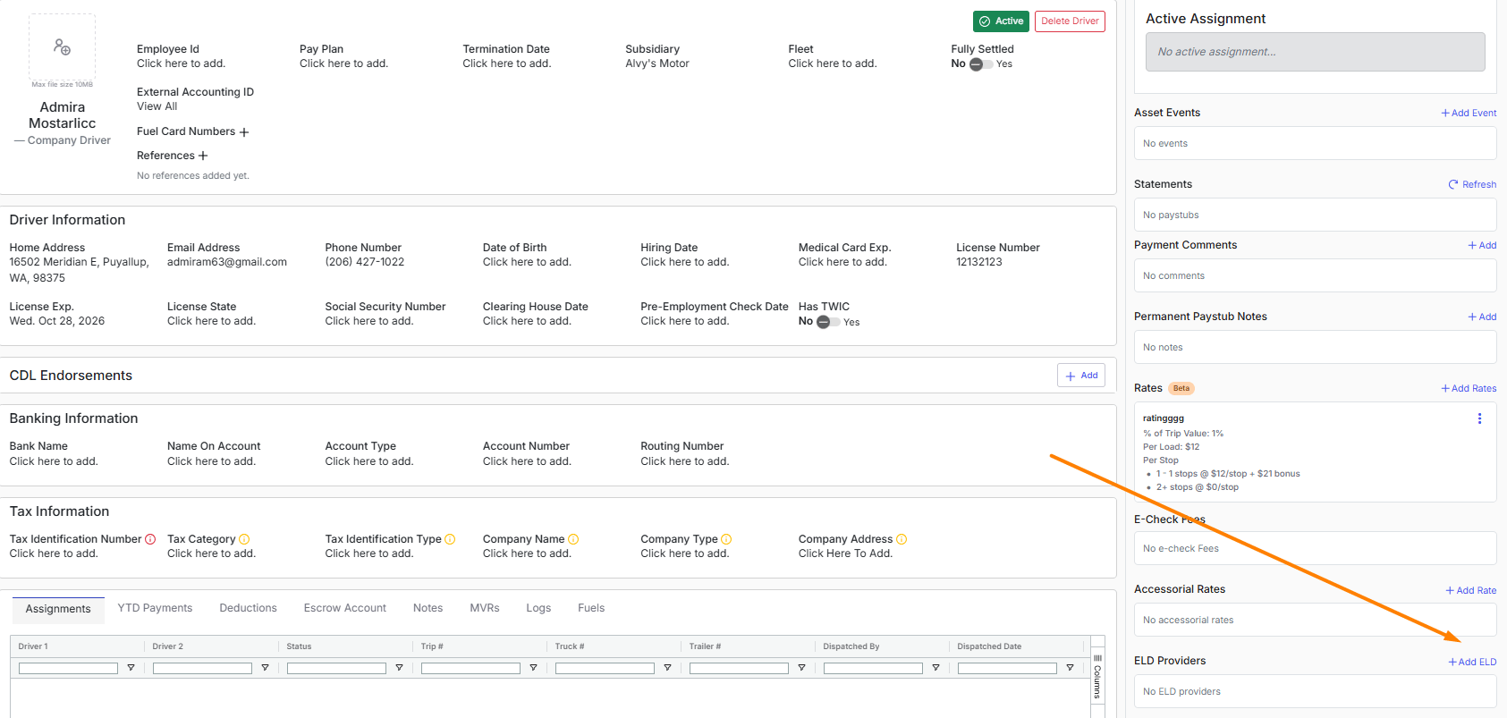 Driver profile ELD Providers section with a GeoTab Integration ID entered