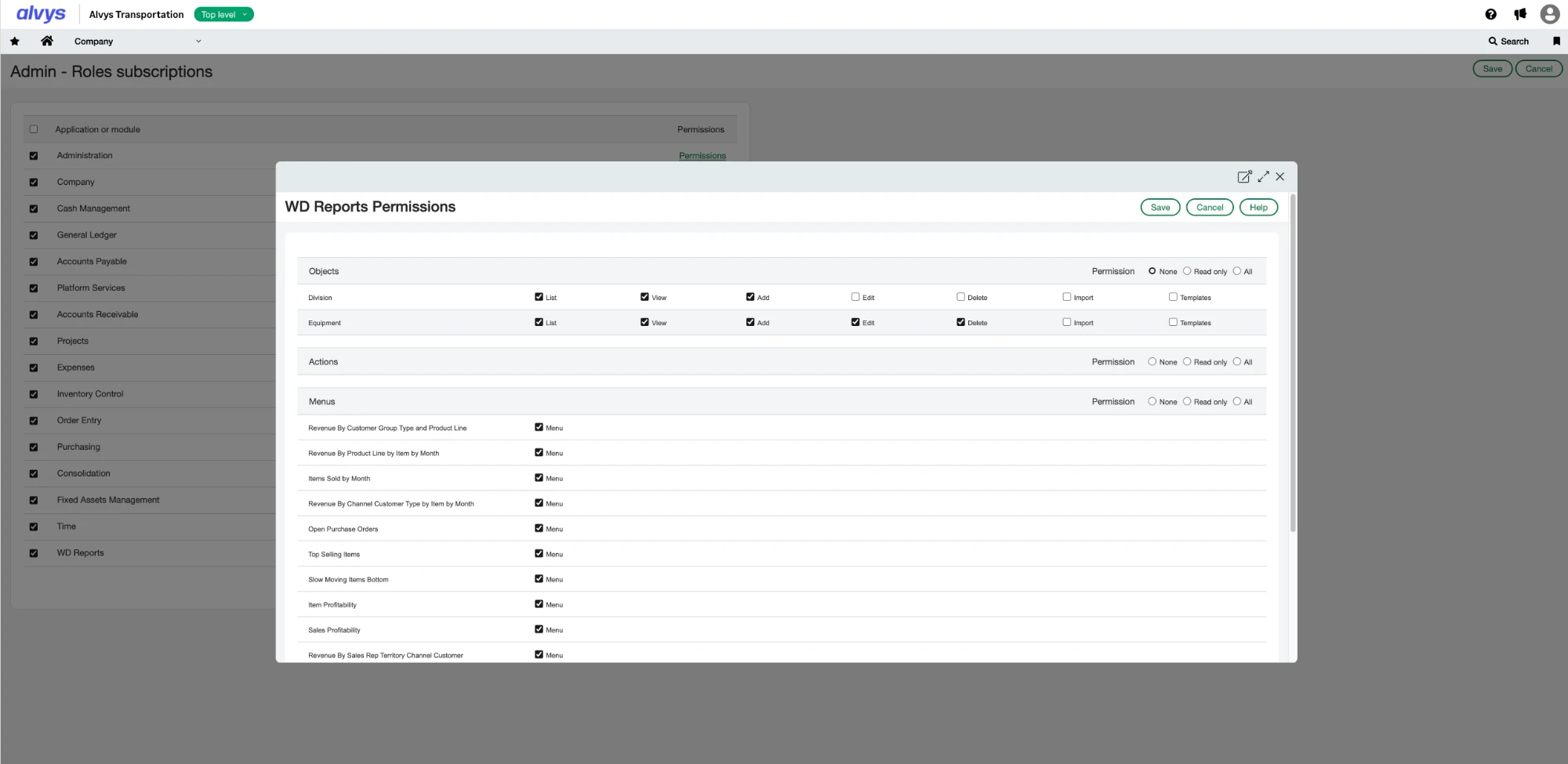 Sage Intacct Role Subscriptions dialog showing an Application's Objects permissions, with List/View/Add/Edit/Delete/Import/Templates checkboxes for a custom Equipment dimension.