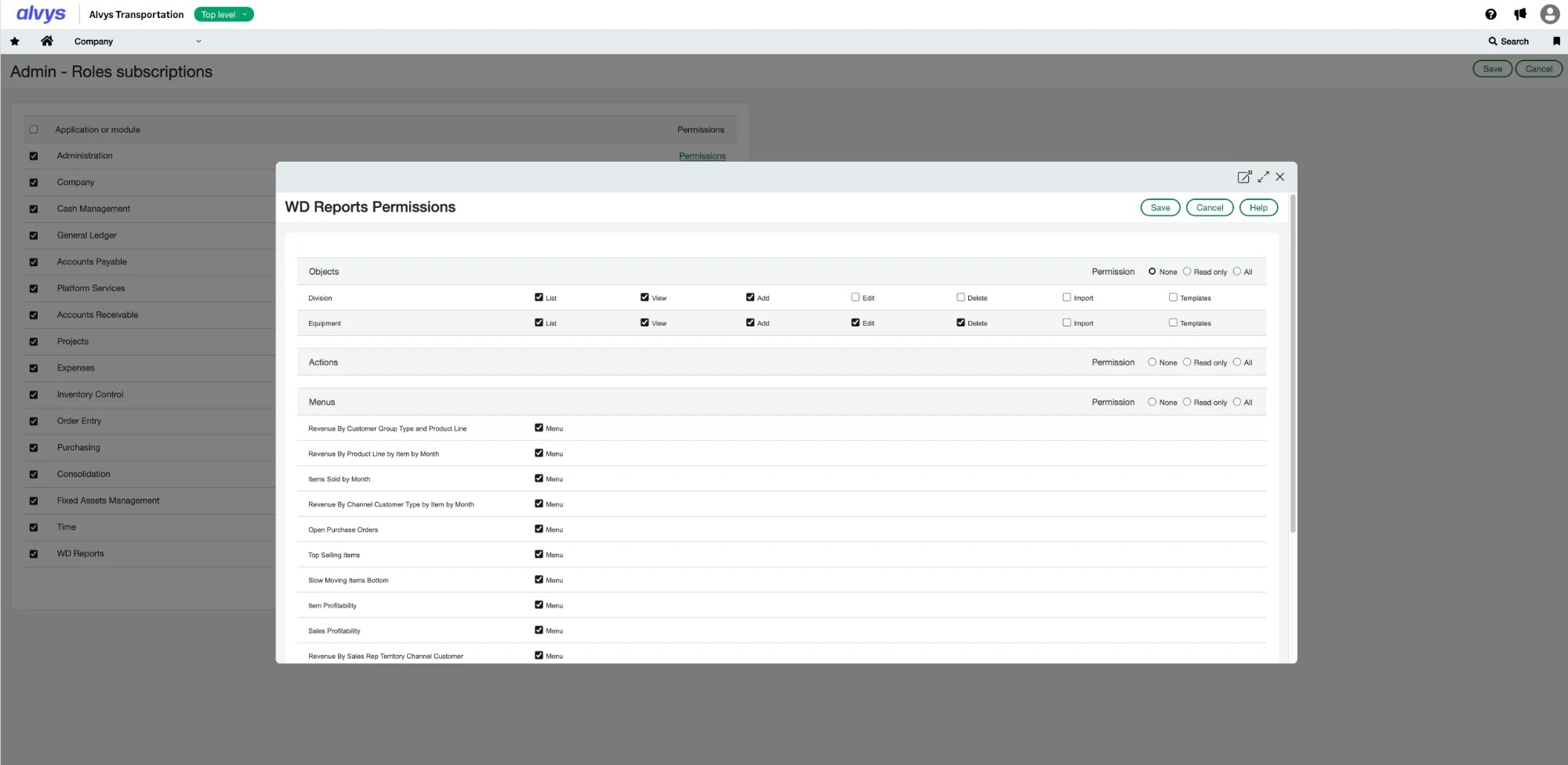 Sage Intacct Role Subscriptions dialog showing an Application's Objects permissions, with List/View/Add/Edit/Delete/Import/Templates checkboxes for a custom Equipment dimension.