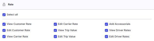 Imagen que muestra Rates permissions checkboxes (9 permisos) en el perfil de usuario