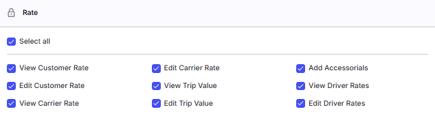 Imagen que muestra Rates permissions checkboxes (9 permisos) en el perfil de usuario