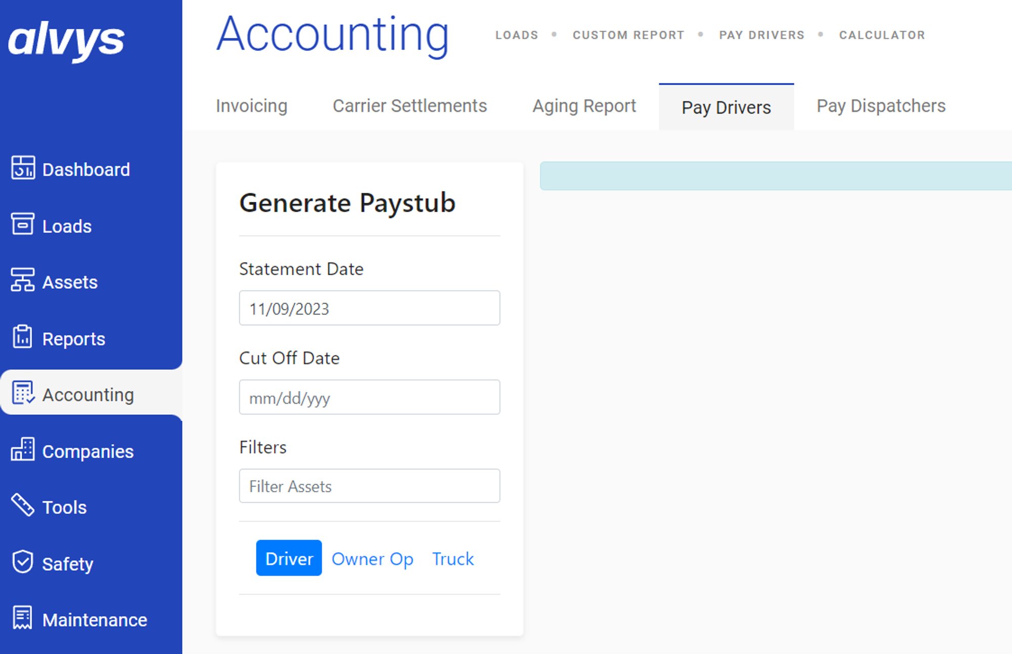 Image showing the Per Diem rate setup in the driver profile Rates section