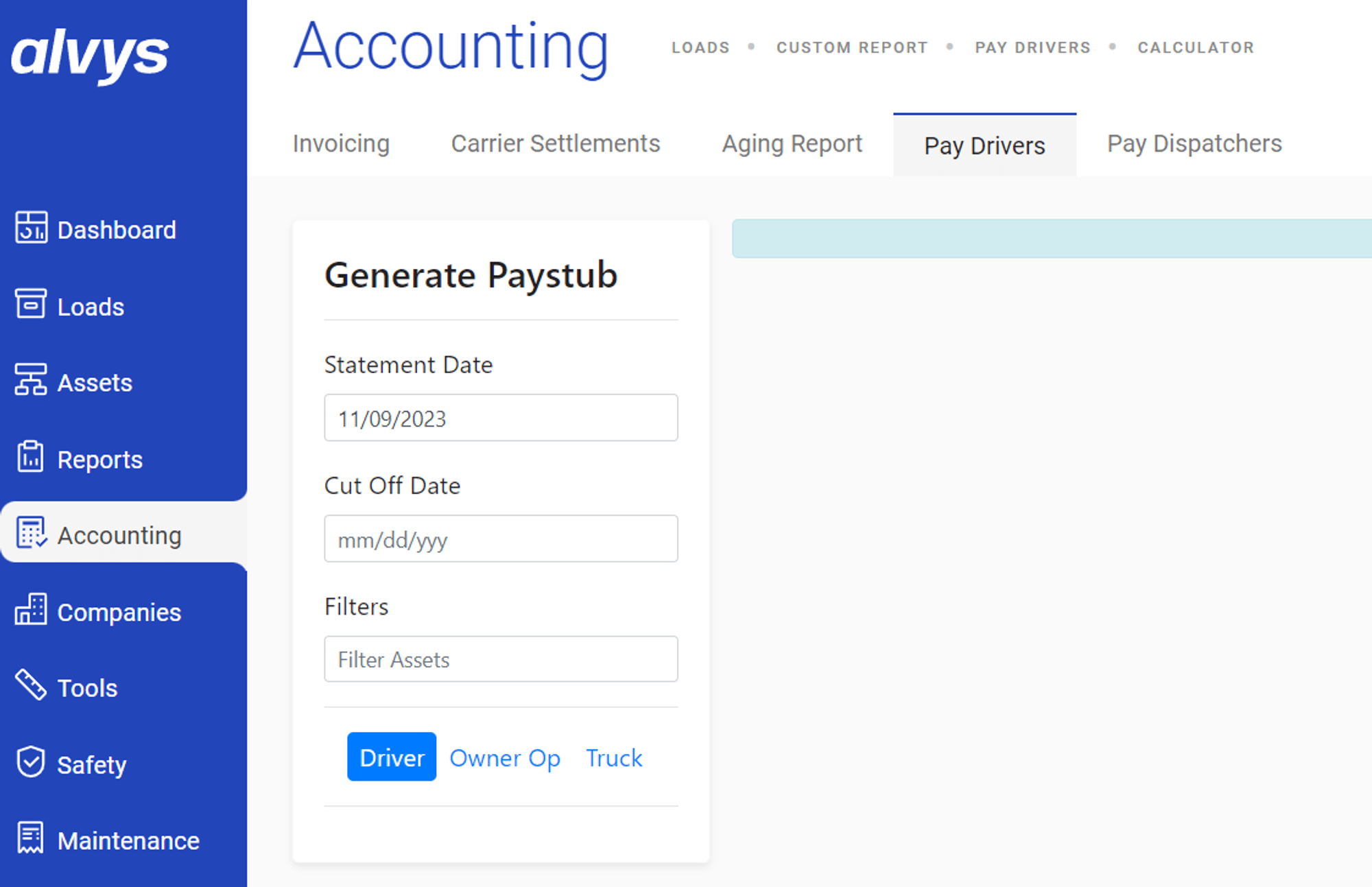 Image showing the Per Diem rate setup in the driver profile Rates section