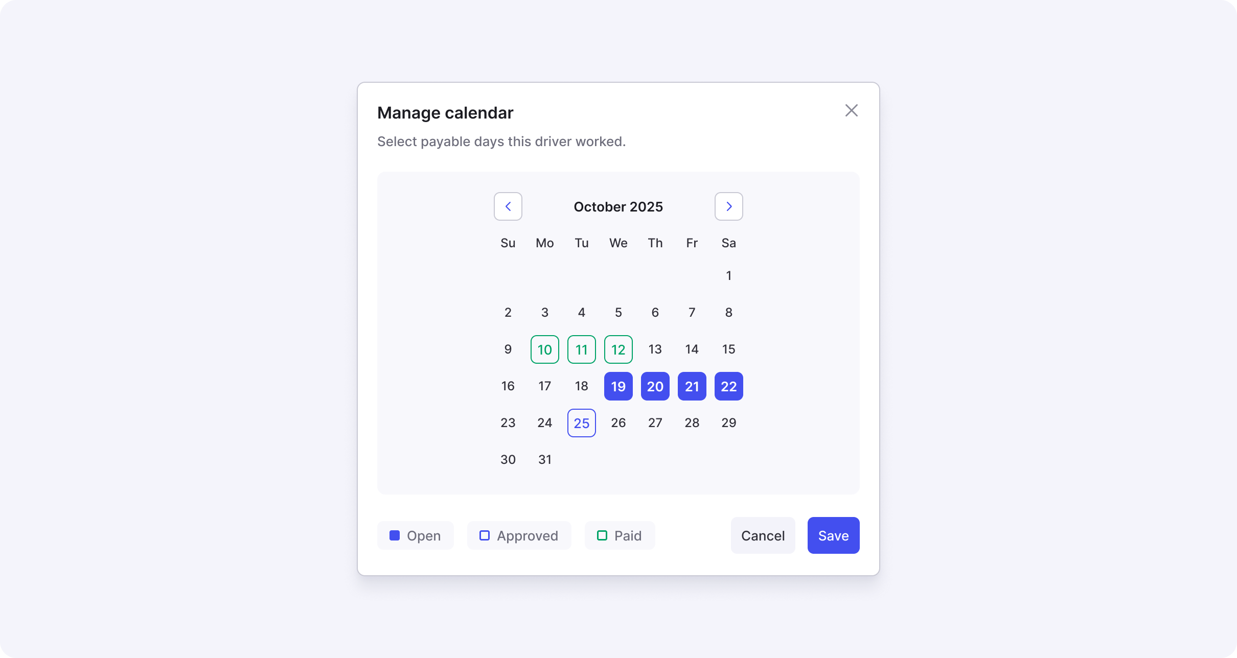 Image showing the Manage Calendar view with days selected for Daily Pay or Per Diem.