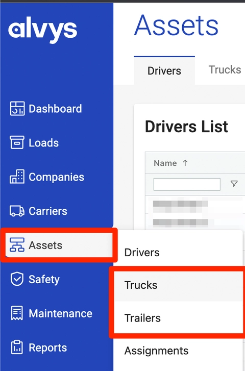 Image showing the Assets section with the Trucks and Trailers options in the left menu.