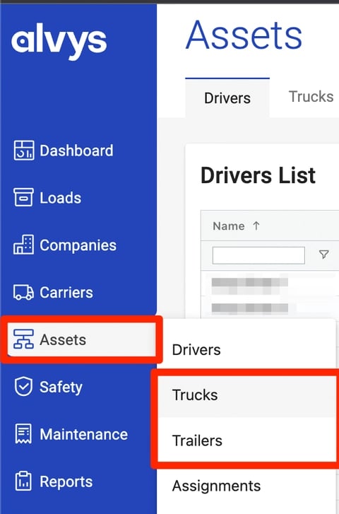 Image showing the Assets section with the Trucks and Trailers options in the left menu.