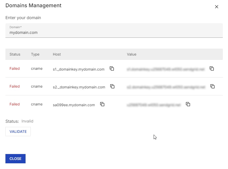 Screenshot showing the CNAME records provided by Alvys after a domain is added.