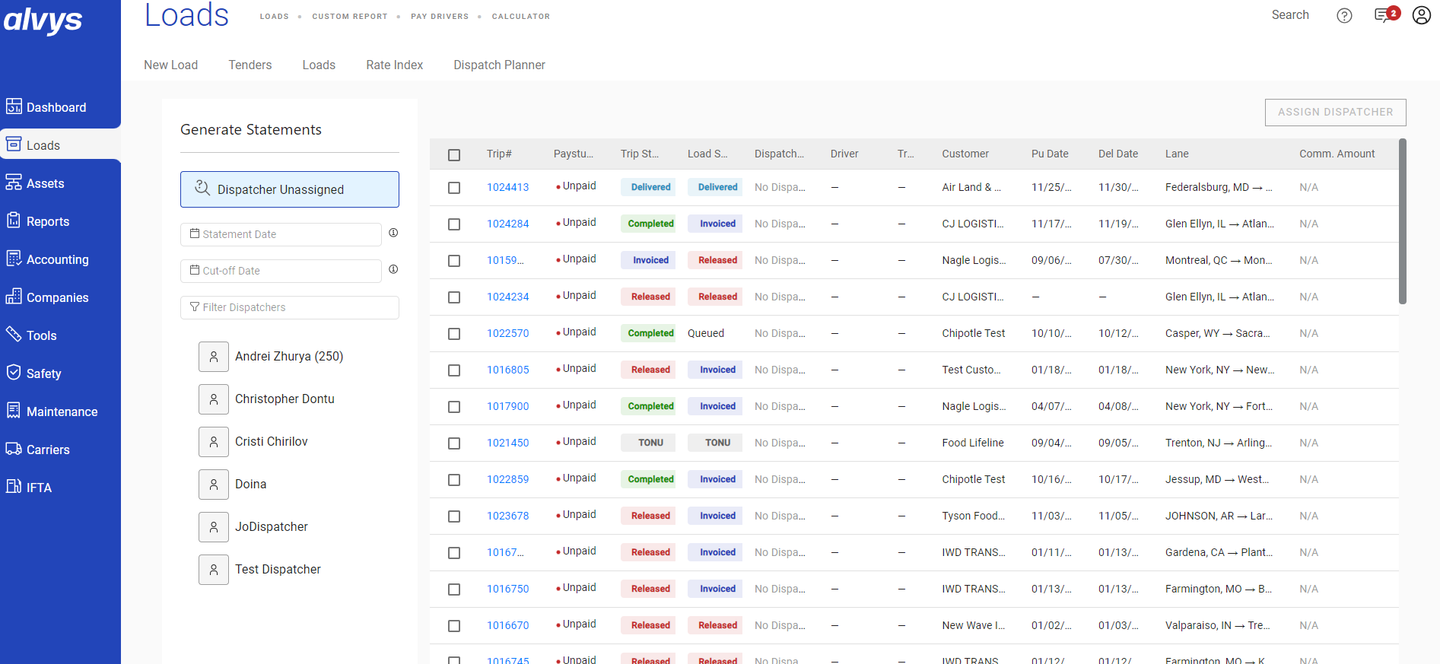 Image showing trip rows selected via checkboxes in the Unassigned tab.