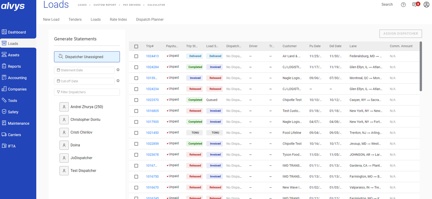 Image showing trip rows selected via checkboxes in the Unassigned tab.
