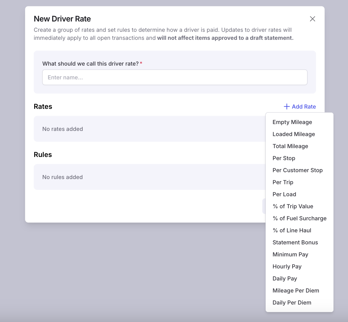 Image showing the Add Rate dialog with time-based rate type options selected.