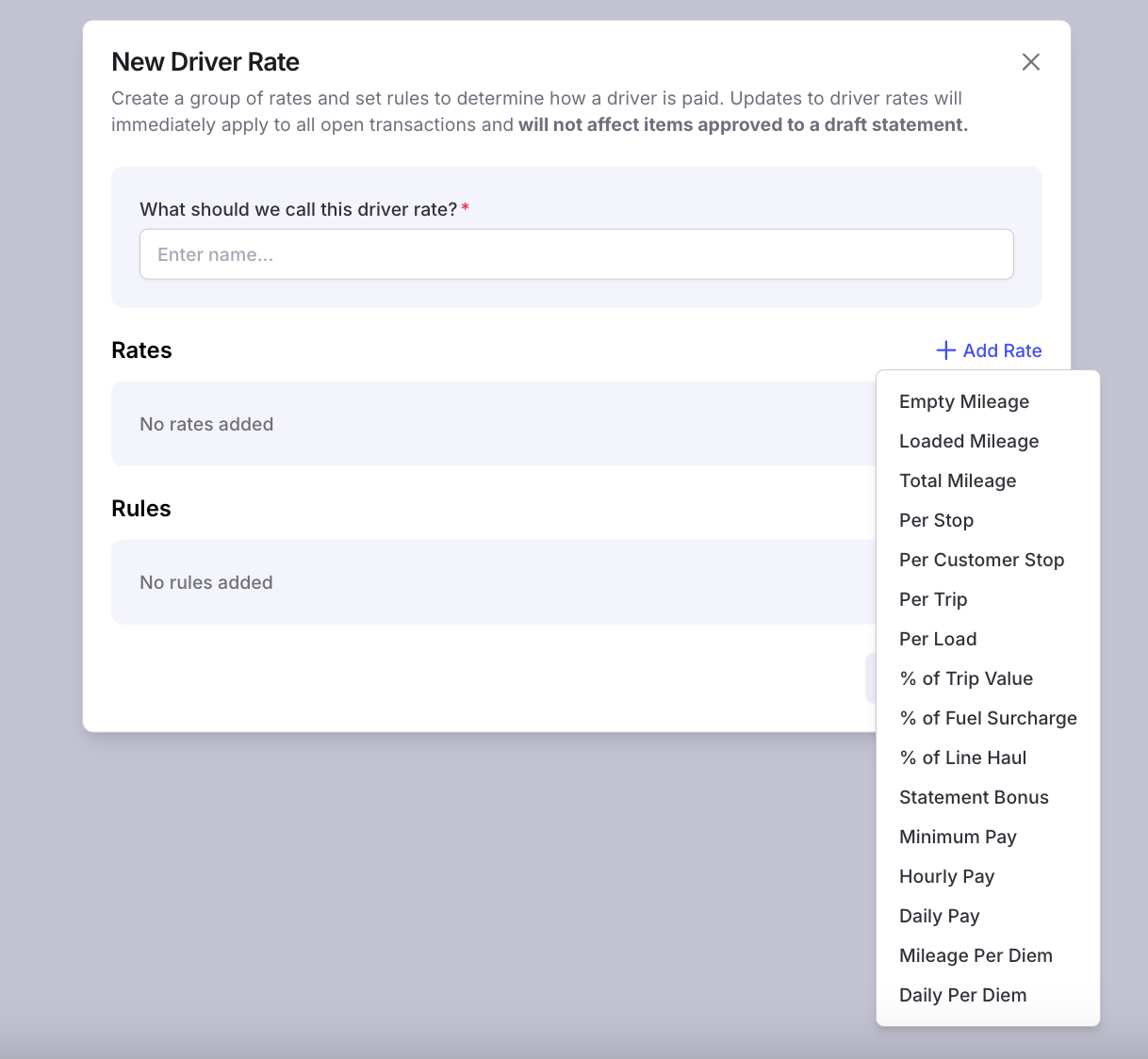 Image showing the Add Rate dialog with time-based rate type options selected.