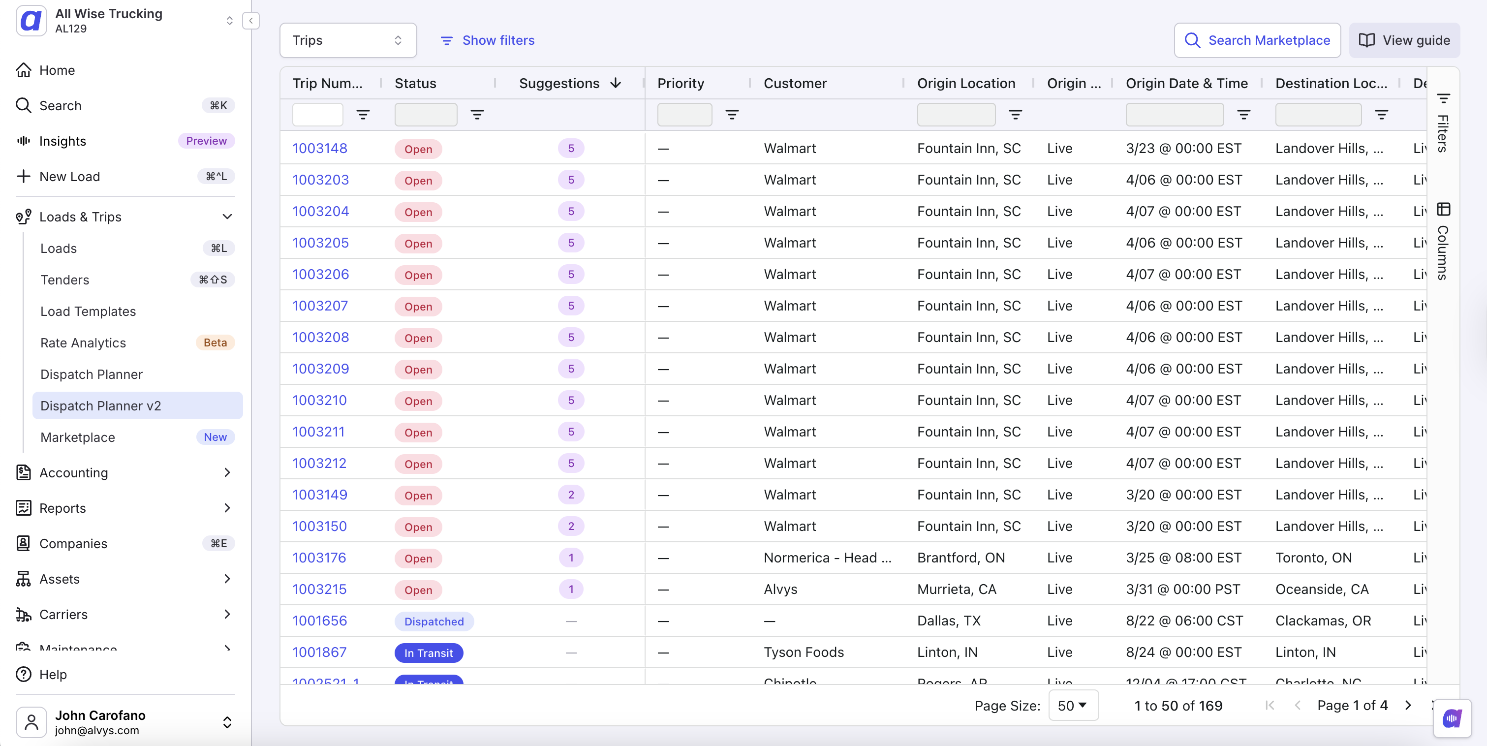 Screenshot of the Suggestions column in the Dispatch Planner trips table.