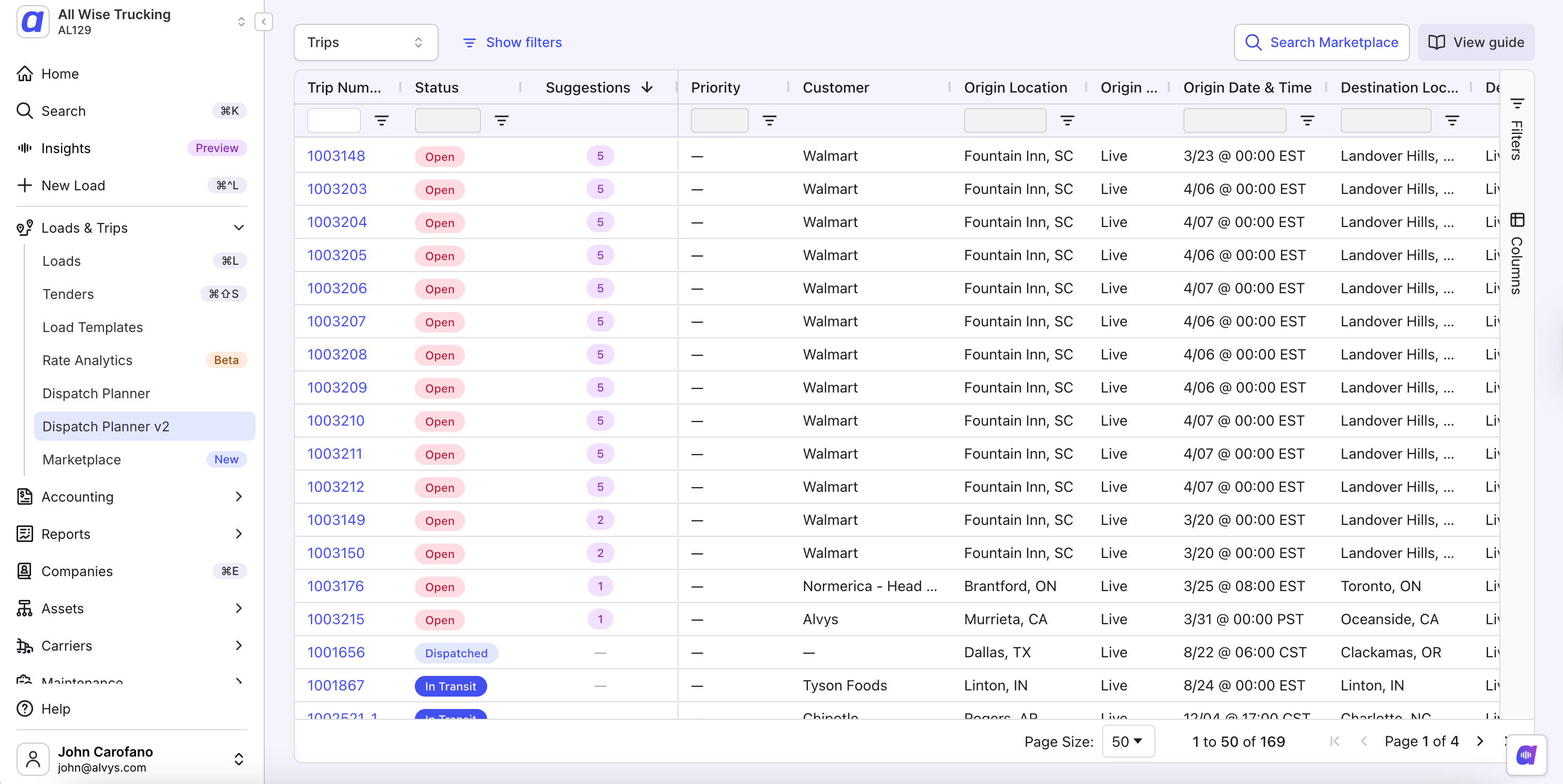 Screenshot of the Suggestions column in the Dispatch Planner trips table.