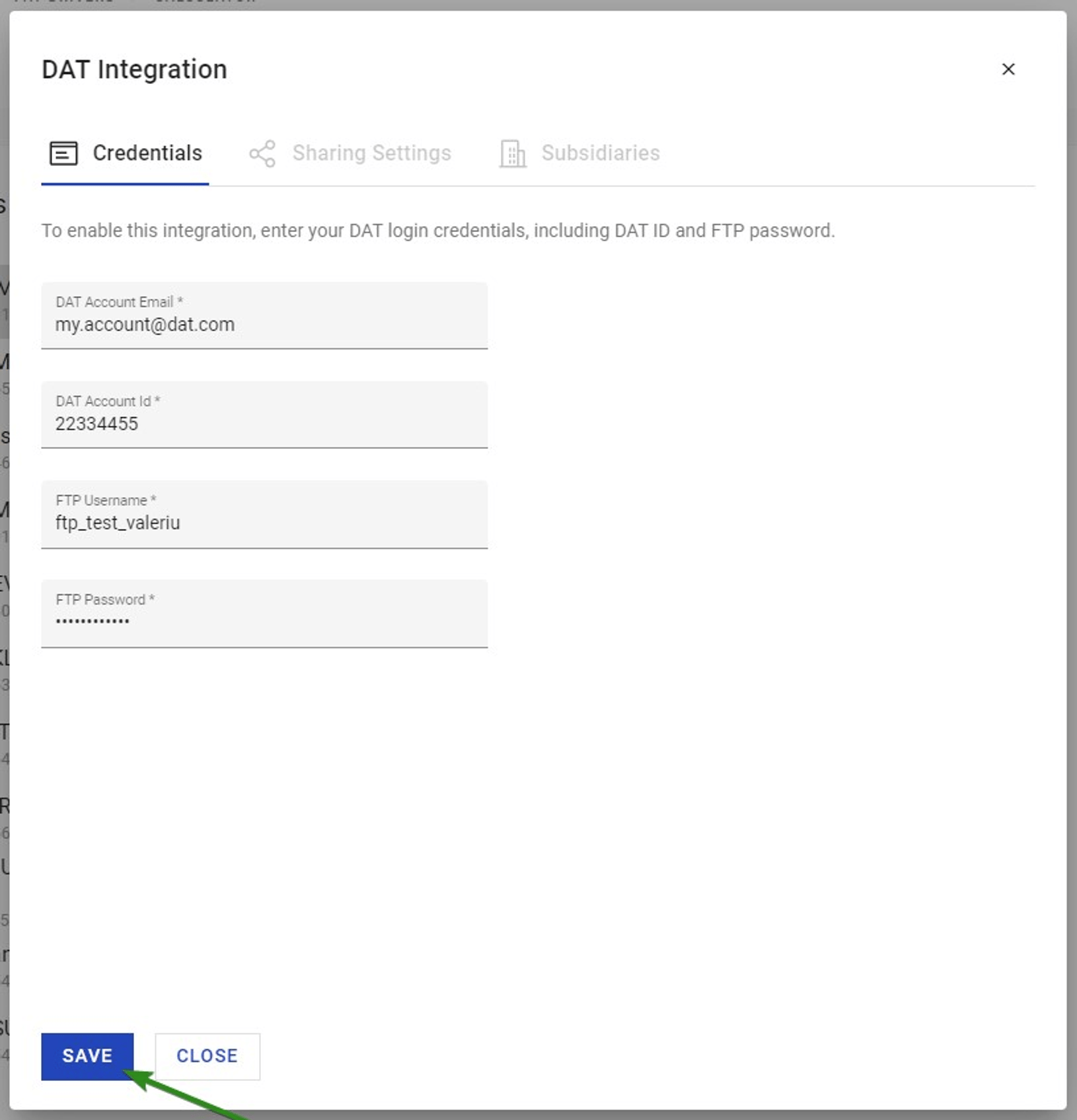 DAT Rate Sharing Integration Settings showing the Credentials fields (DAT Account email, DAT Account ID, FTP Username, FTP Password).