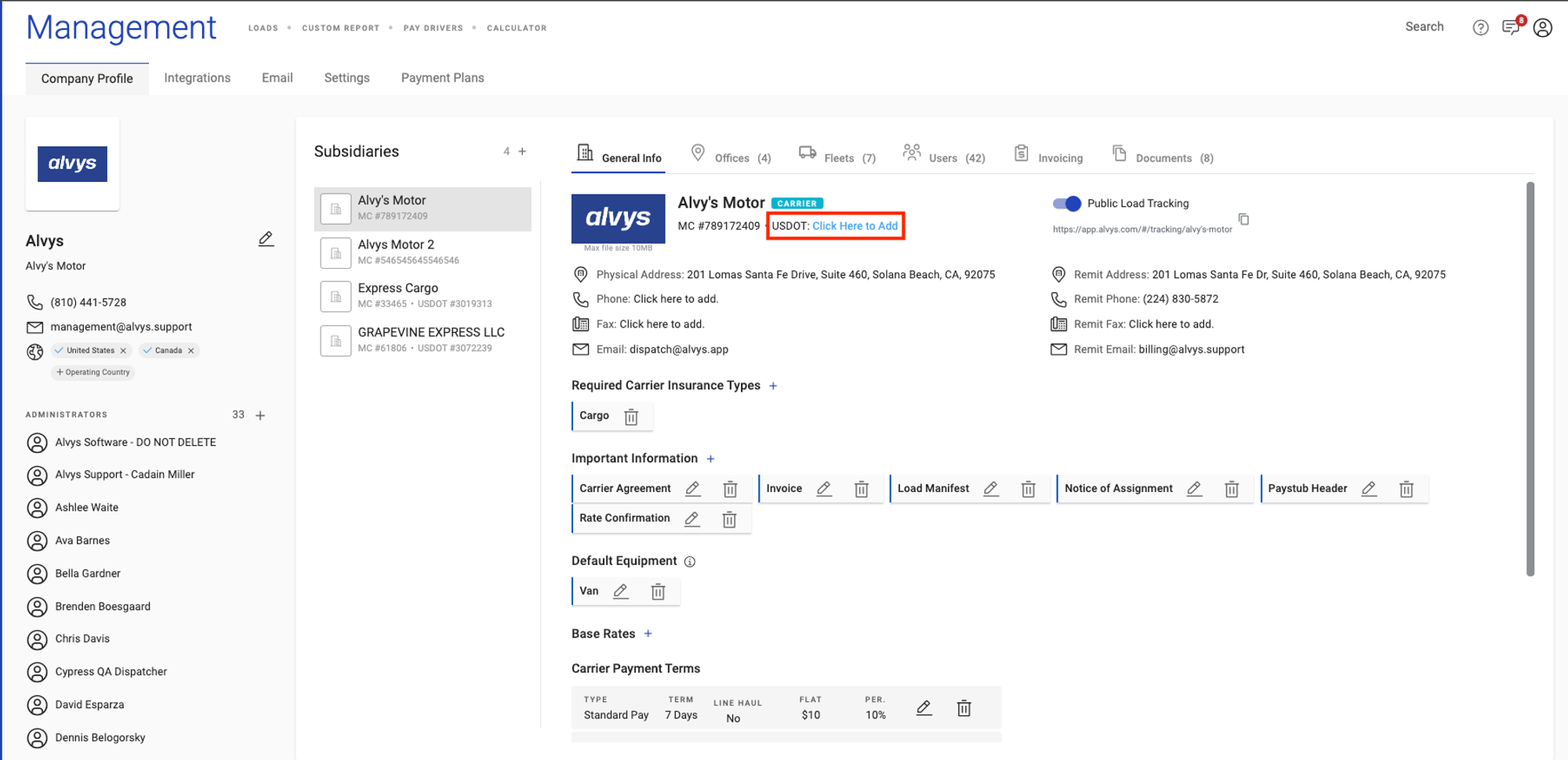 Subsidiary details page showing the USDOT# field with the link to add a DOT number.