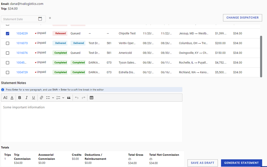Image showing selected trips and accessorials with the Save as Draft button.
