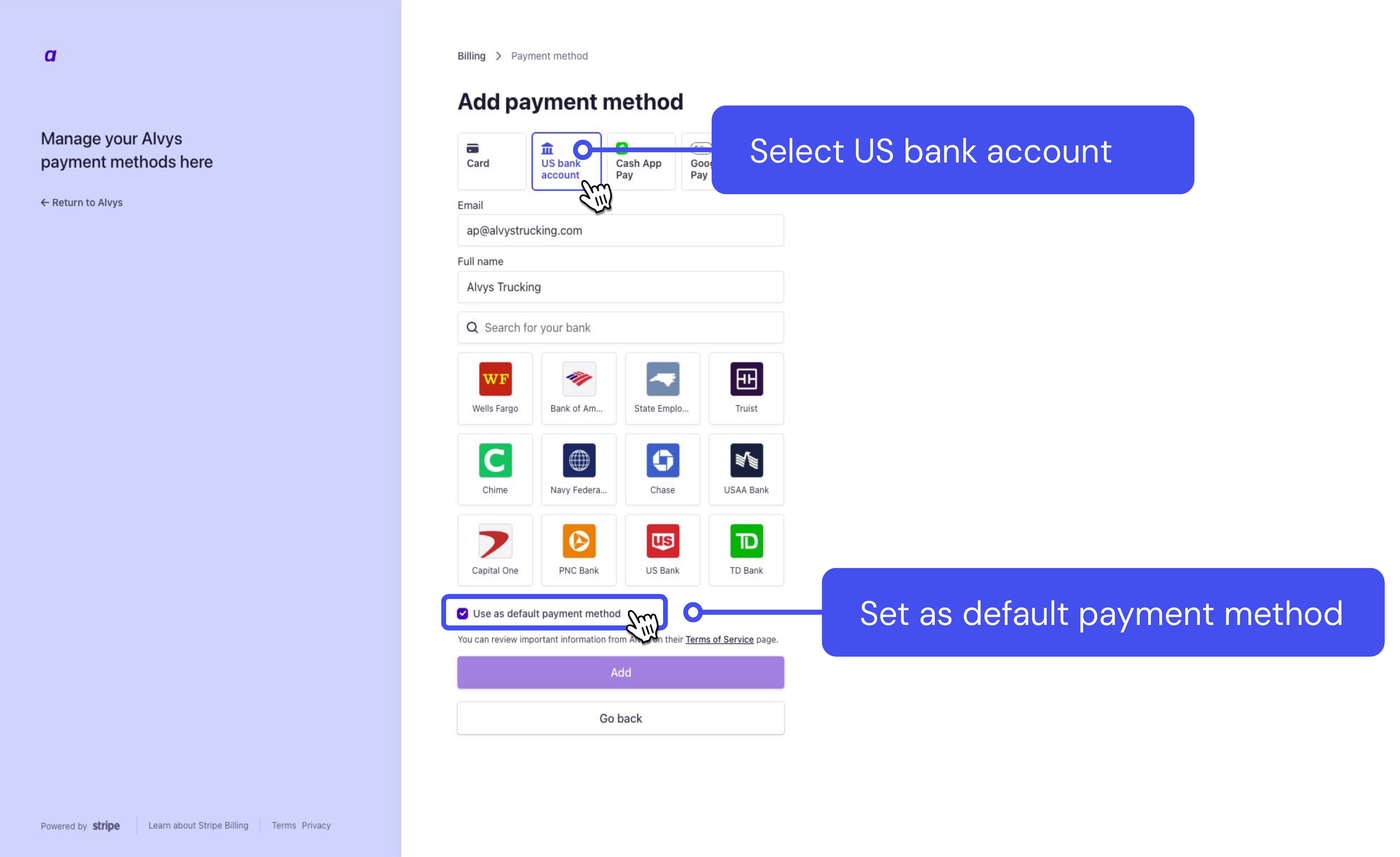 Adding a bank account as a payment method