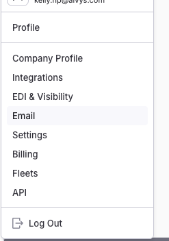 Screenshot showing the profile menu in the bottom left corner with the Email option highlighted.