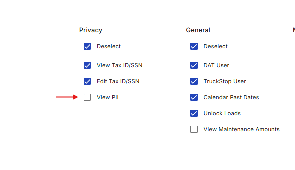 Permissions settings in user profile