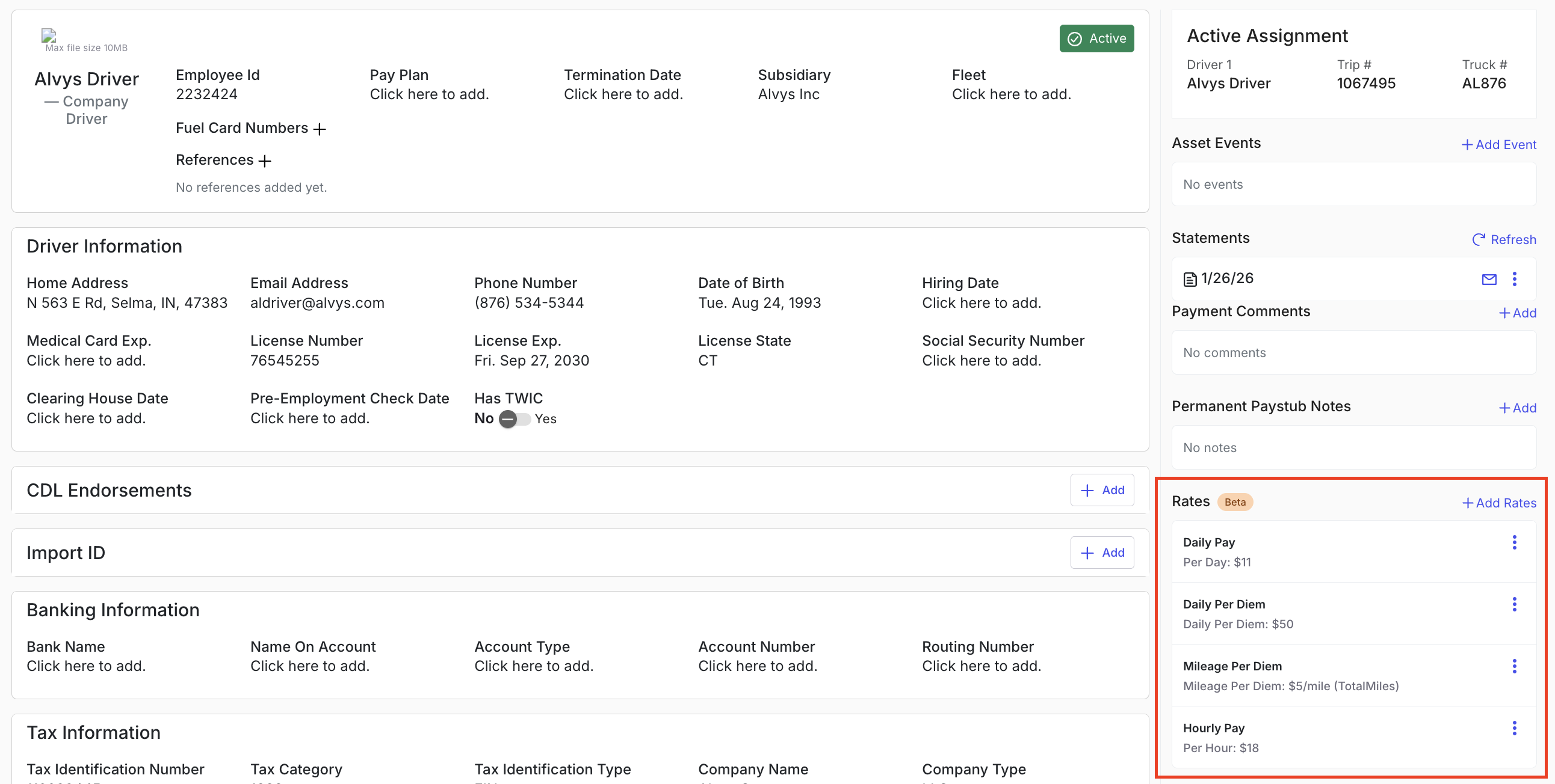 Image showing the Rates section on a driver profile.