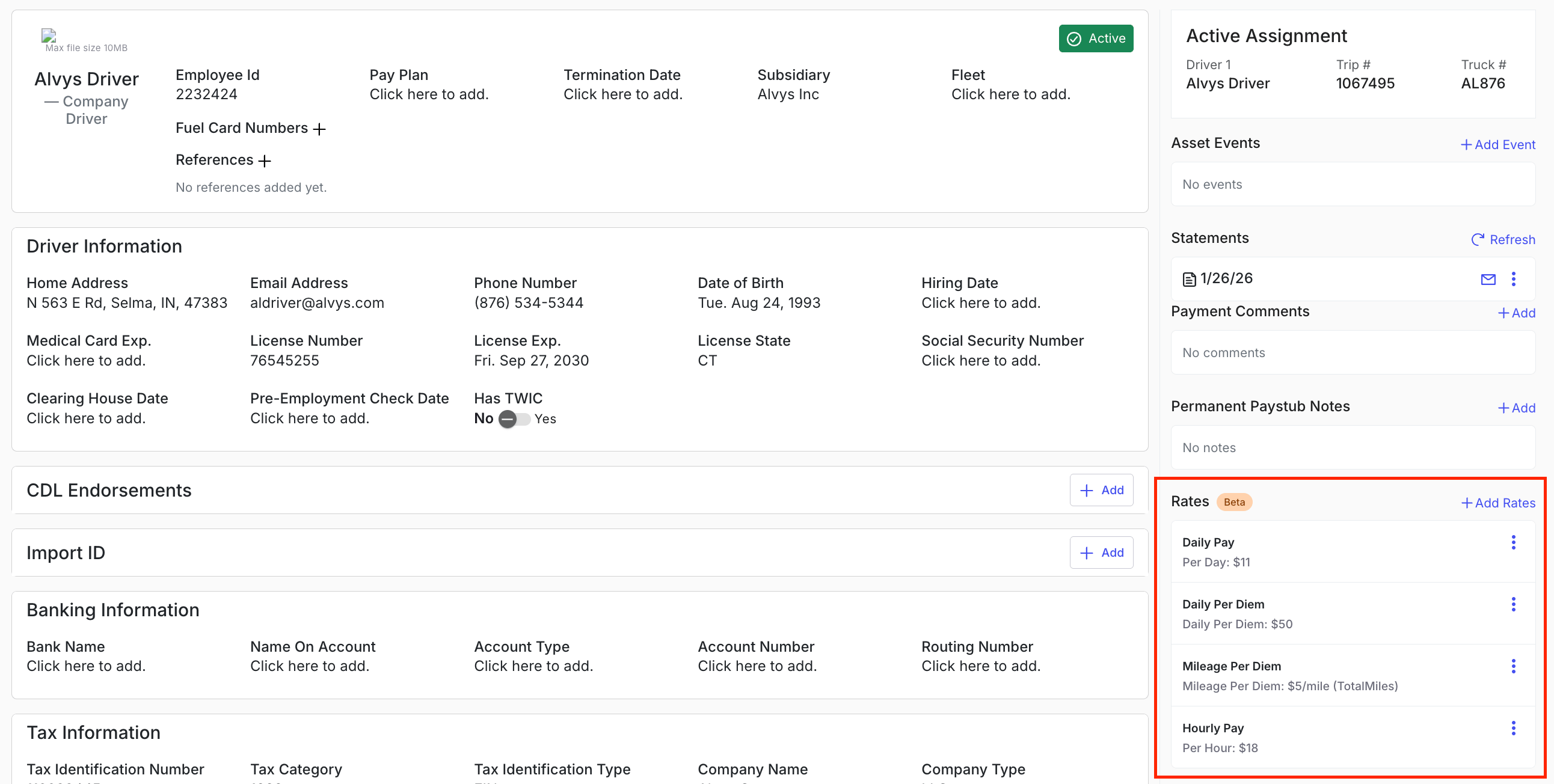 Image showing the Rates section on a driver profile.