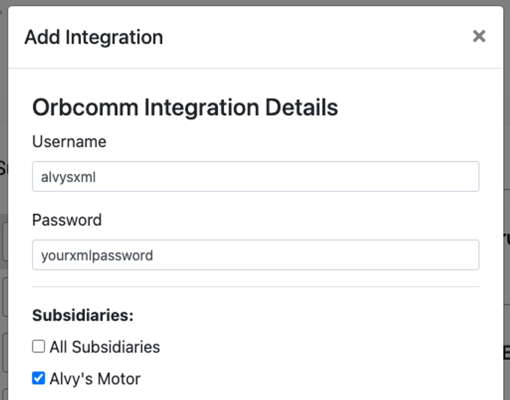 Image showing the XML Username and Password fields for Orbcomm Cargowatch configuration.