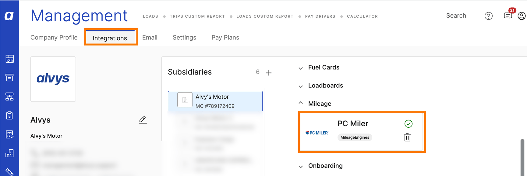 Screenshot showing the enabled state of PC Miler integration settings