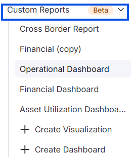 Image displaying the Custom Reports left navigation menu item and sub reports.