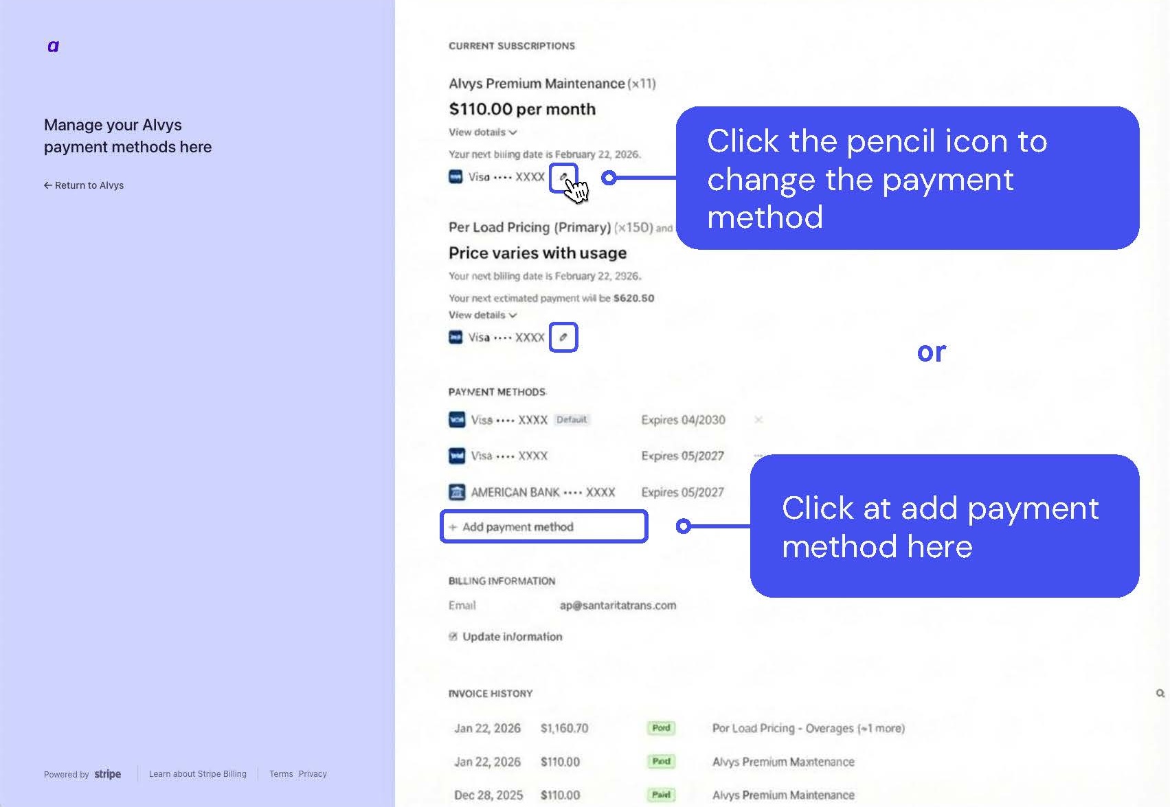 Stripe portal: managing payment methods