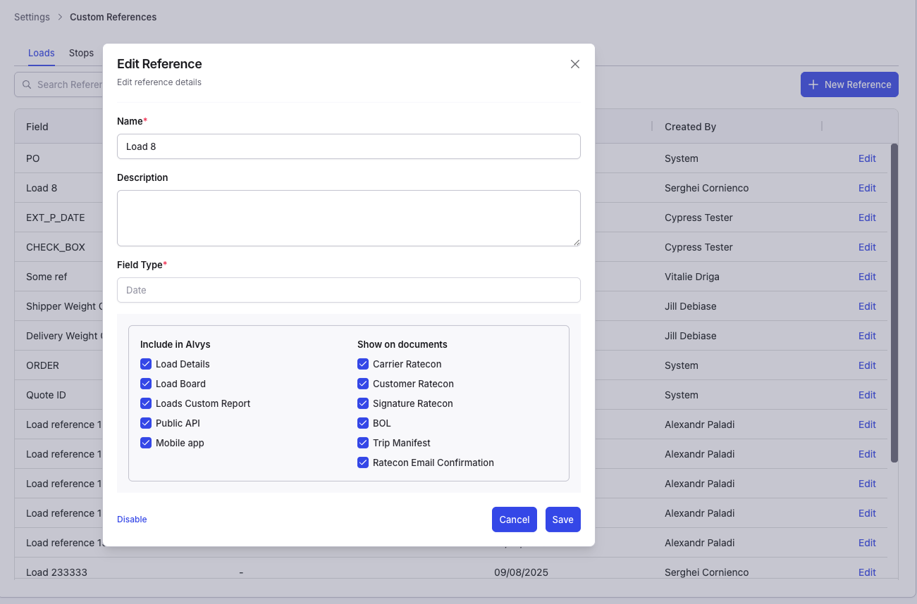 Screenshot showing the Enable/Disable toggle inside the Edit reference modal.