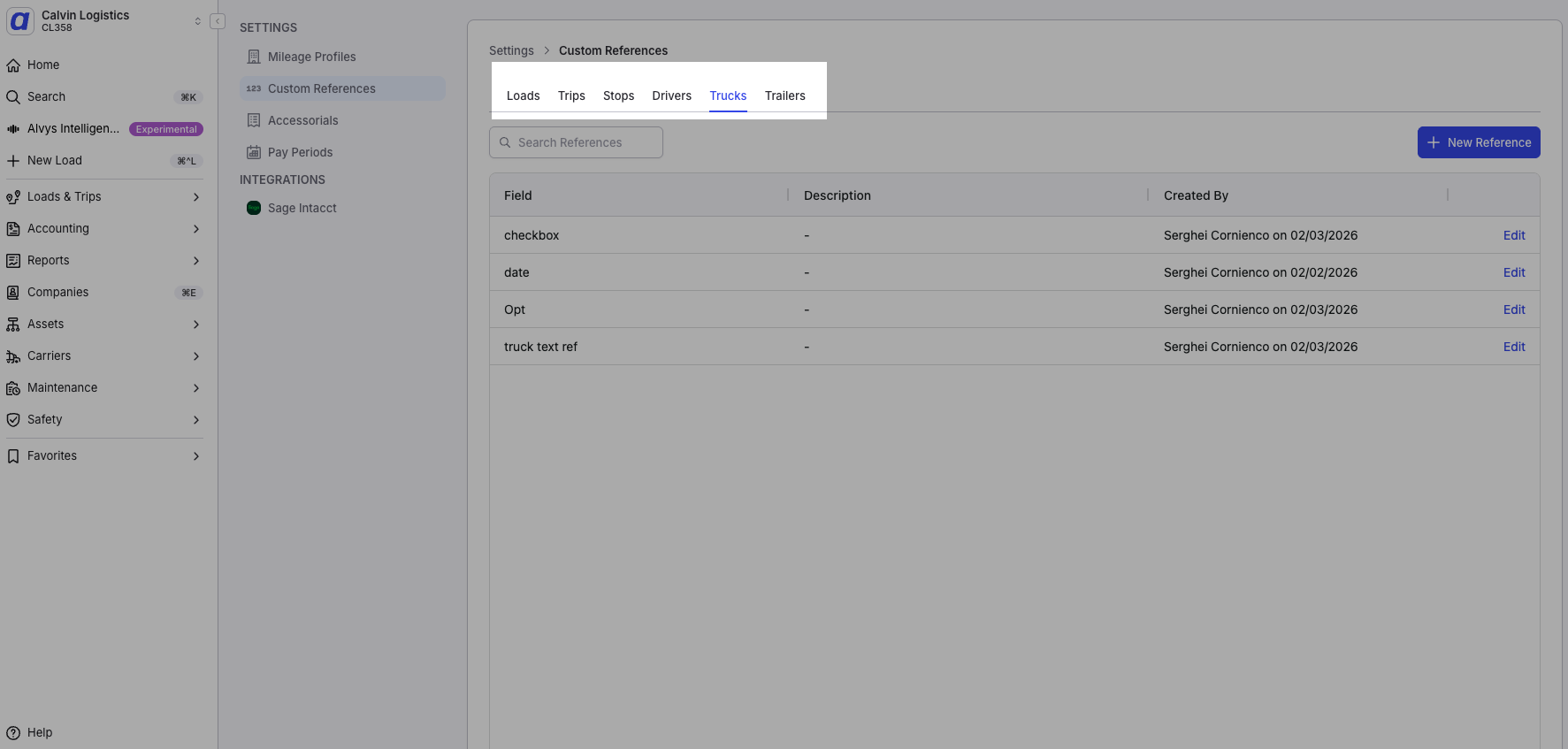Screenshot showing the Custom References management page with entity tabs (Loads, Trips, Stops, Drivers, Trucks, Trailers) visible.