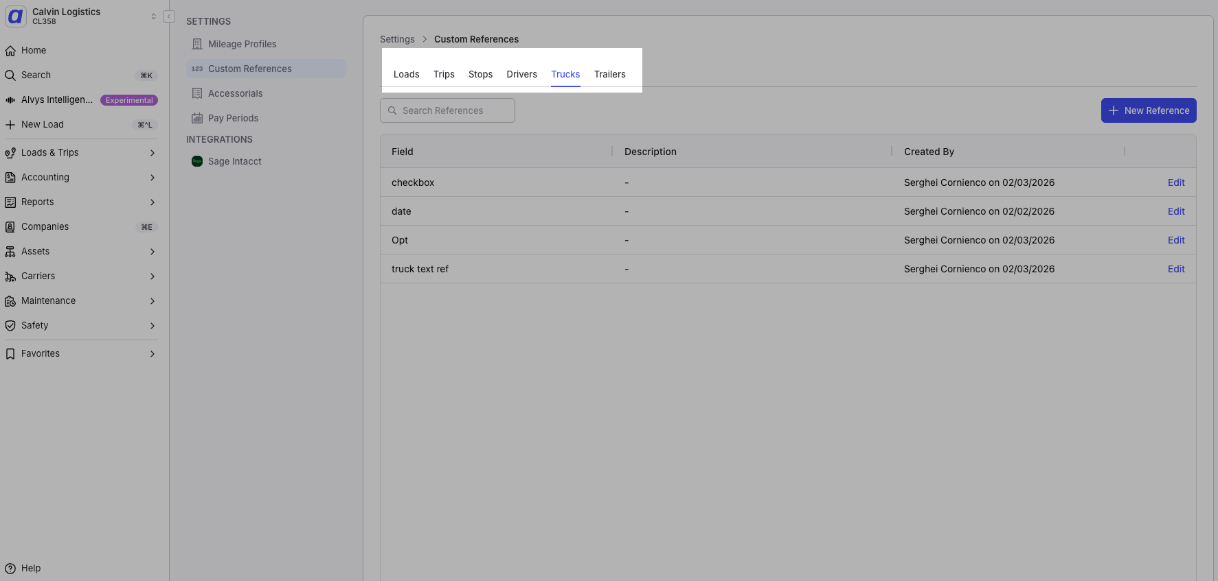 Screenshot showing the Custom References management page with entity tabs (Loads, Trips, Stops, Drivers, Trucks, Trailers) visible.