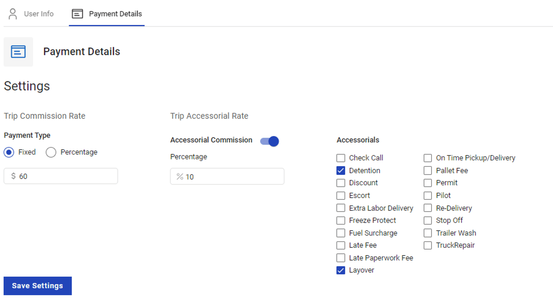 Image showing the trip commission field, accessorial commission field, and accessorial checkboxes.