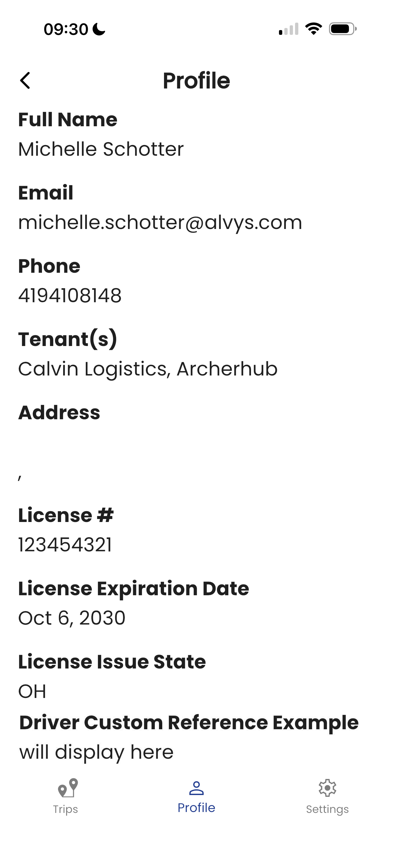 Screenshot from the driver's profile